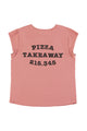 Short sleeve t-shirt w/ deep round neck | Old pink w/ "pizza takeaway" print