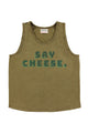 Sleeveless round neck top | Khaki w/ "say cheese" print