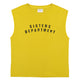 Sleeveless t-shirt w/ round neck . Mustard w/ "sisters department" black print