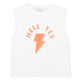 Sleeveless t-shirt w/ round neck . Ecru w/ "hell yes" print