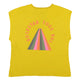 V-neck t-shirt . Mustard w/ "rainbow" print