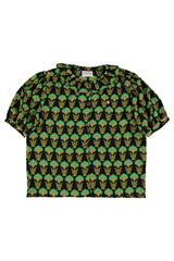 Blouse w/ collar | Black w/ green flowers
