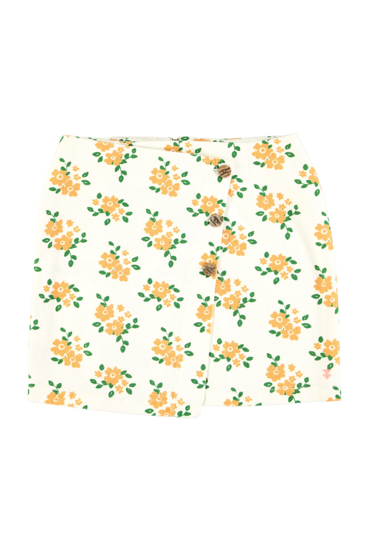 Short asymmetrical skirt  | Ecru w/ mustard flowers