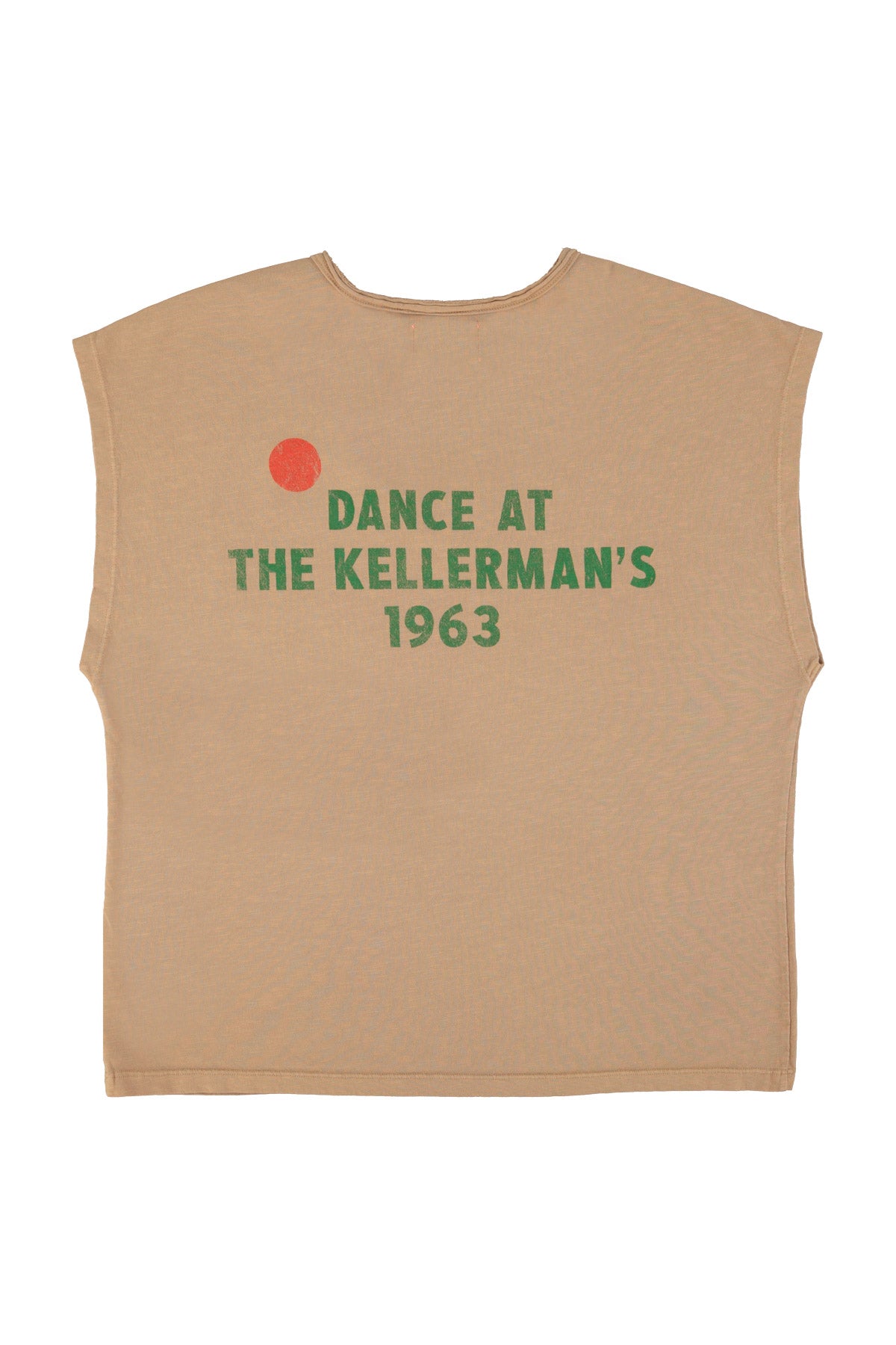 Sleeveless t-shirt w/ deep round neck | Brown w/ "dance at the kellerman" print