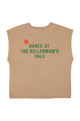 Sleeveless t-shirt w/ deep round neck | Brown w/ "dance at the kellerman" print