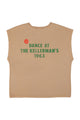 Sleeveless t-shirt w/ deep round neck | Brown w/ "dance at the kellerman" print