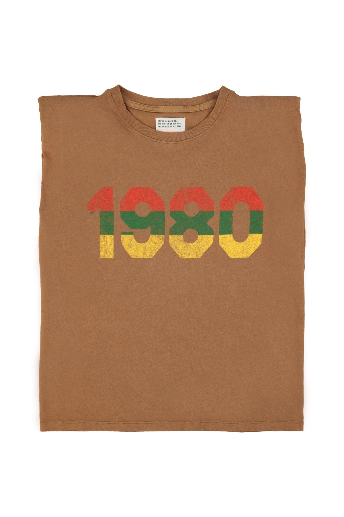 Sleeveless t-shirt w/ shoulder pads | Brown w/ "1980" print