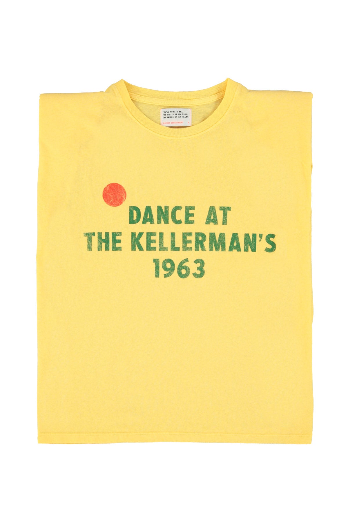 Sleeveless t-shirt w/ shoulder pads | Yellow w/ "dance at the kellerman" print