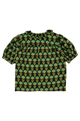 Blouse w/ collar | Black w/ green flowers