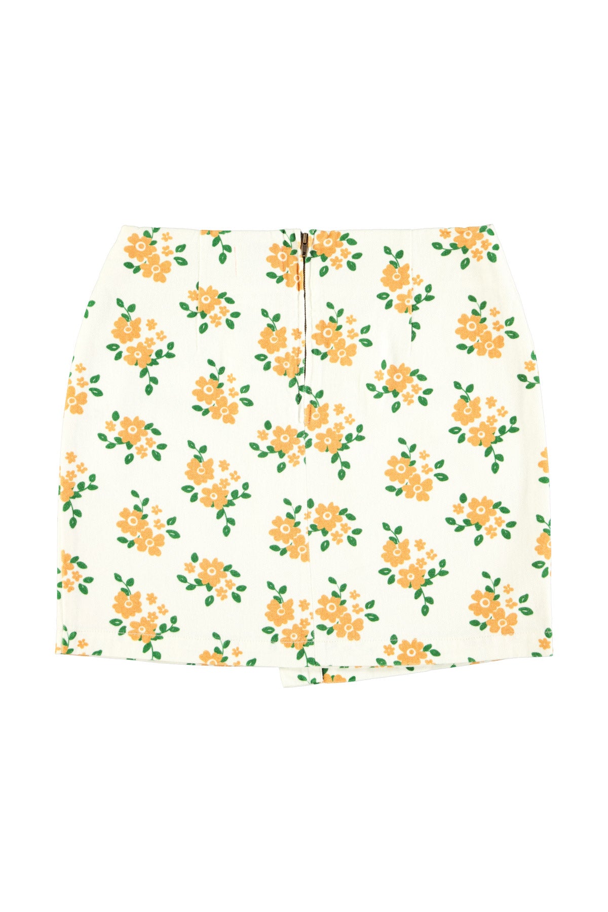 Short asymmetrical skirt  | Ecru w/ mustard flowers
