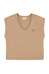 Sleeveless t-shirt w/ deep round neck | Brown w/ "dance at the kellerman" print