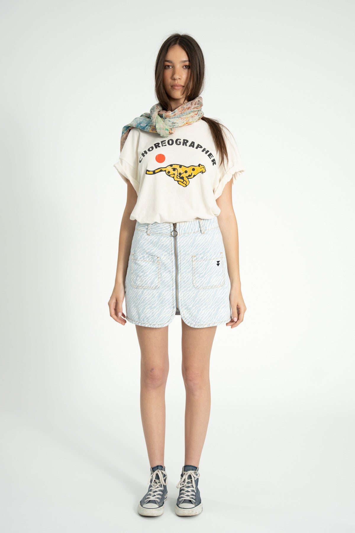 Short skirt | Light blue denim w/ zebra print
