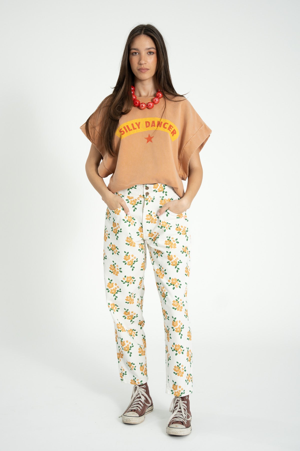 Trousers | Ecru w/ mustard flowers