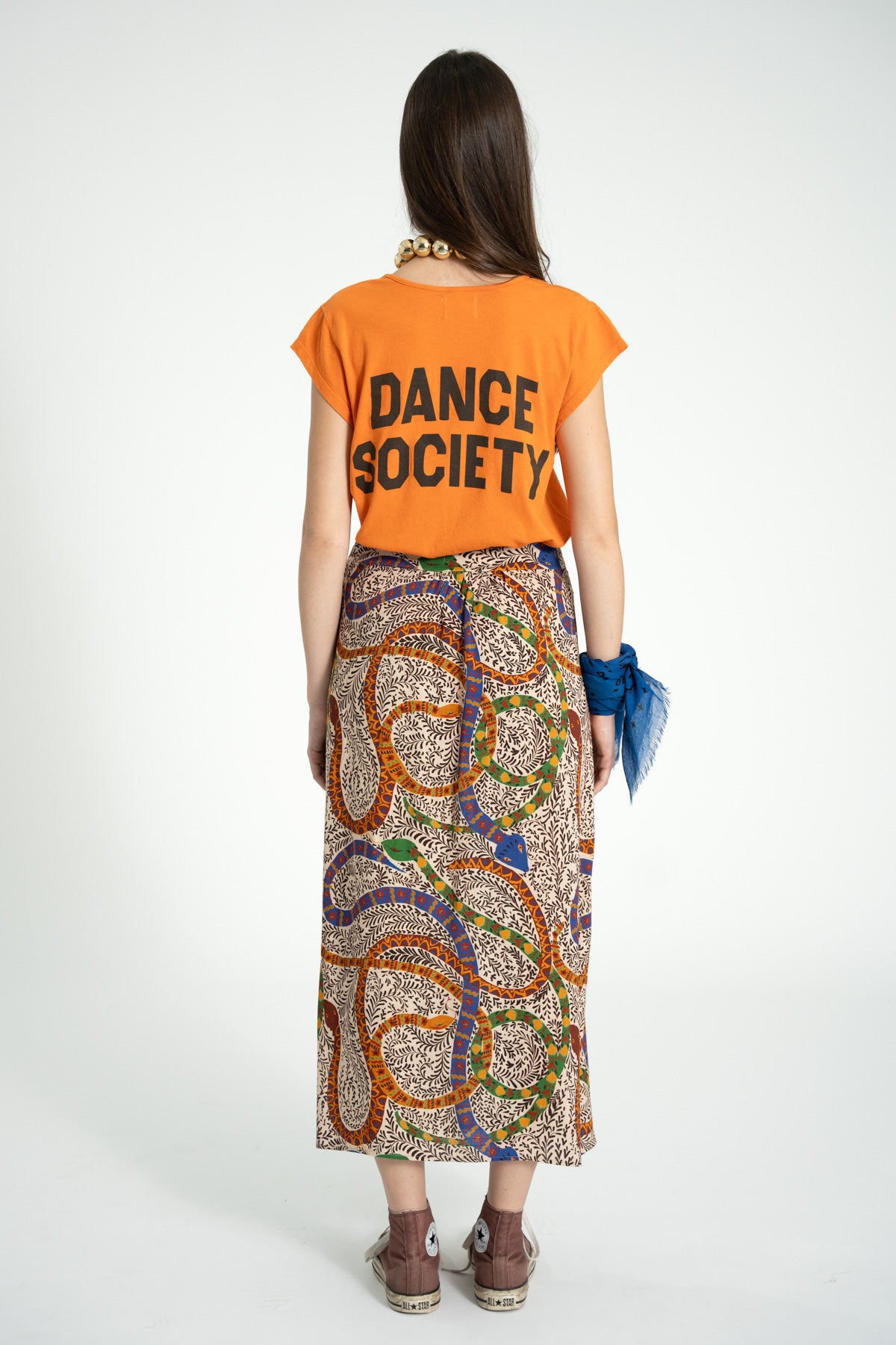Short sleeve t-shirt w/ deep round neck | Orange w/ "dance society"