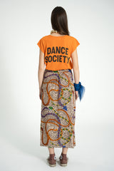 Short sleeve t-shirt w/ deep round neck | Orange w/ "dance society"