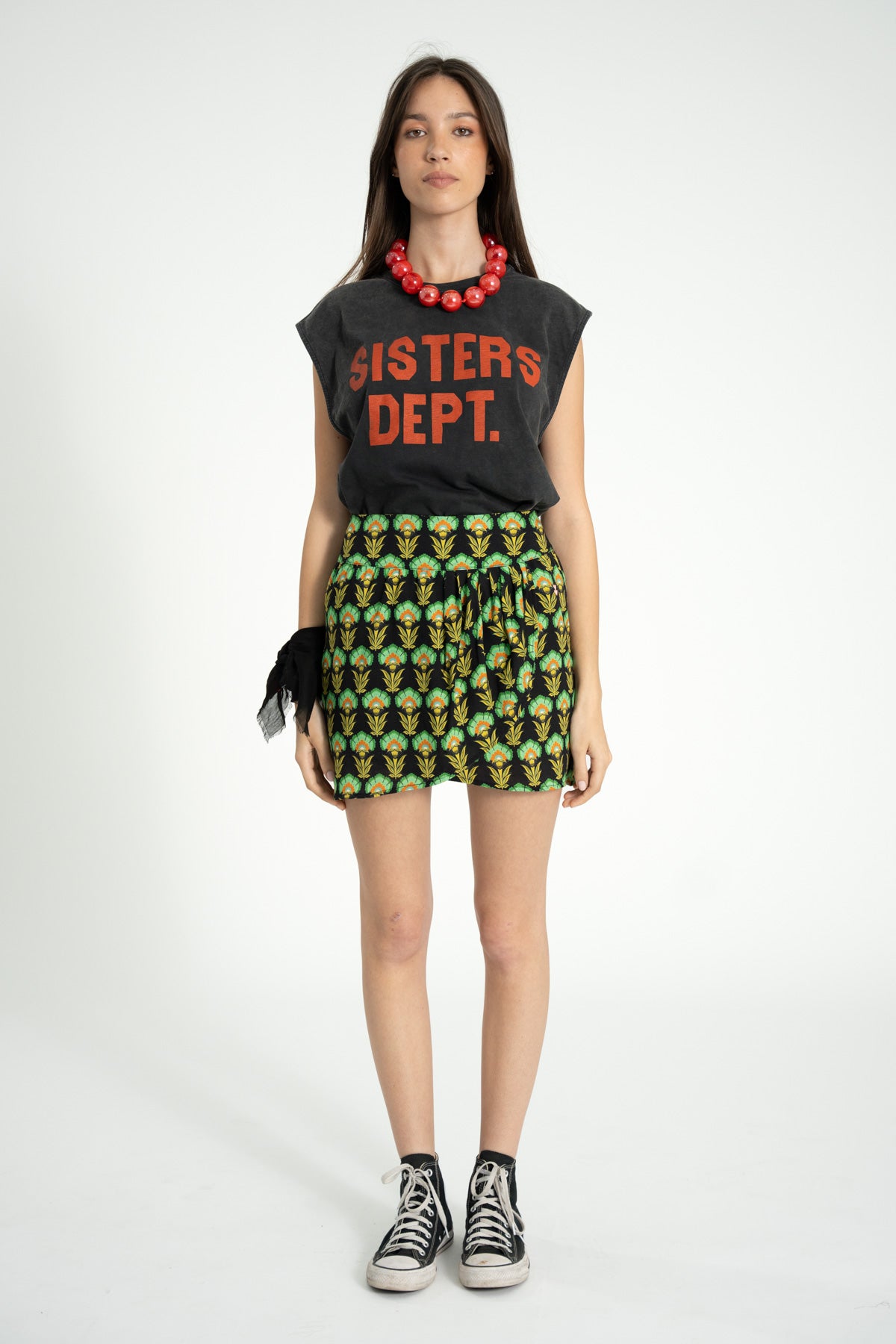 Short wrap skirt | Black w/ green flowers