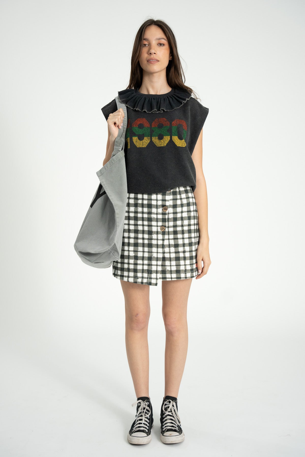Short asymmetrical skirt  | Black & ecru squares