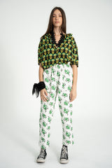 Blouse w/ collar | Black w/ green flowers