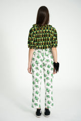 Blouse w/ collar | Black w/ green flowers