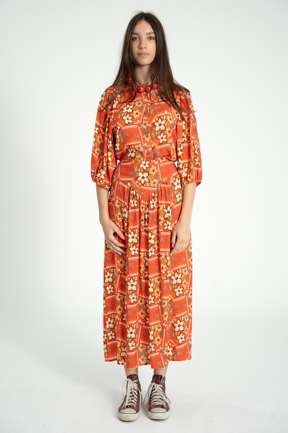 Long skirt | Red w/ floral print