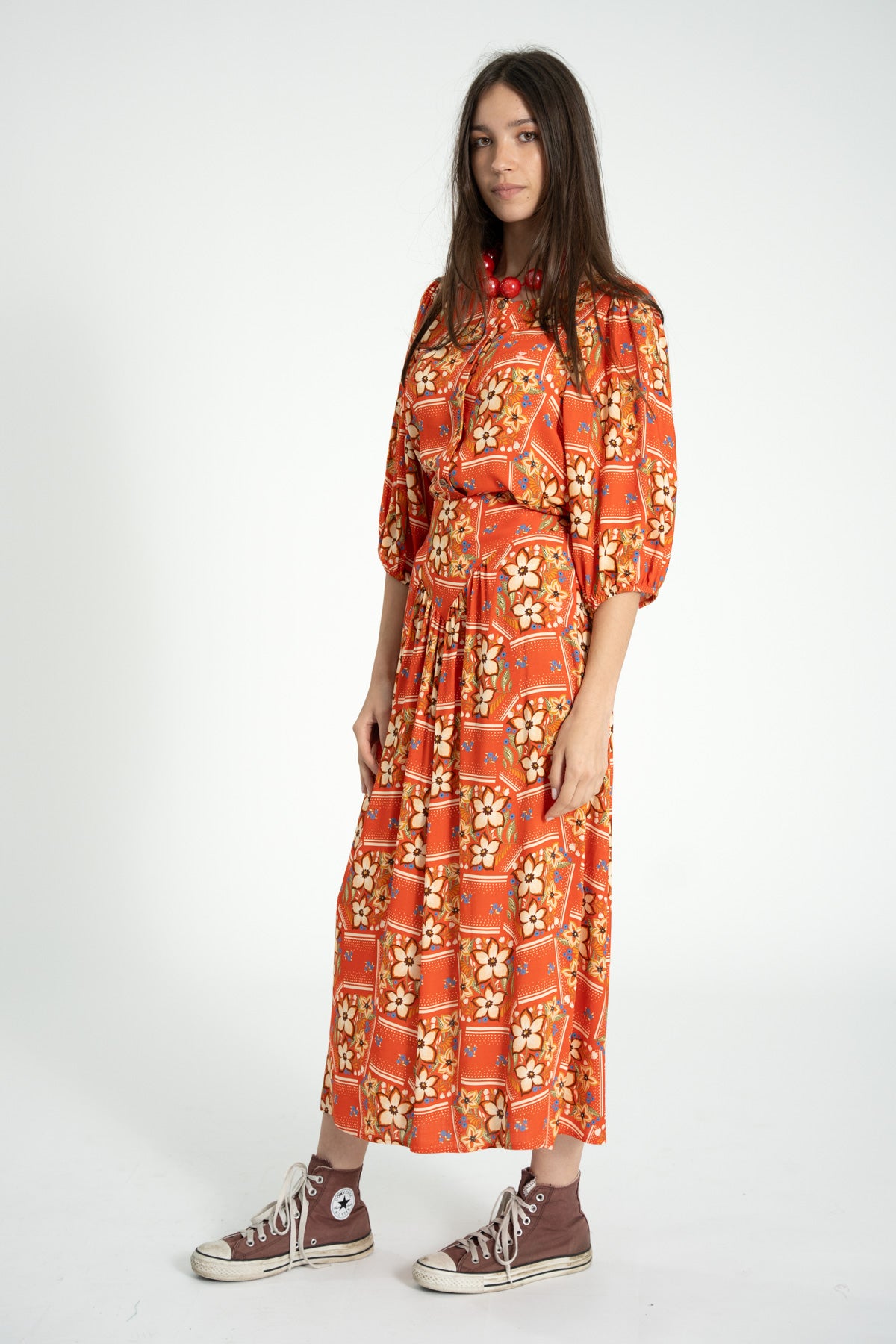 Long skirt | Red w/ floral print