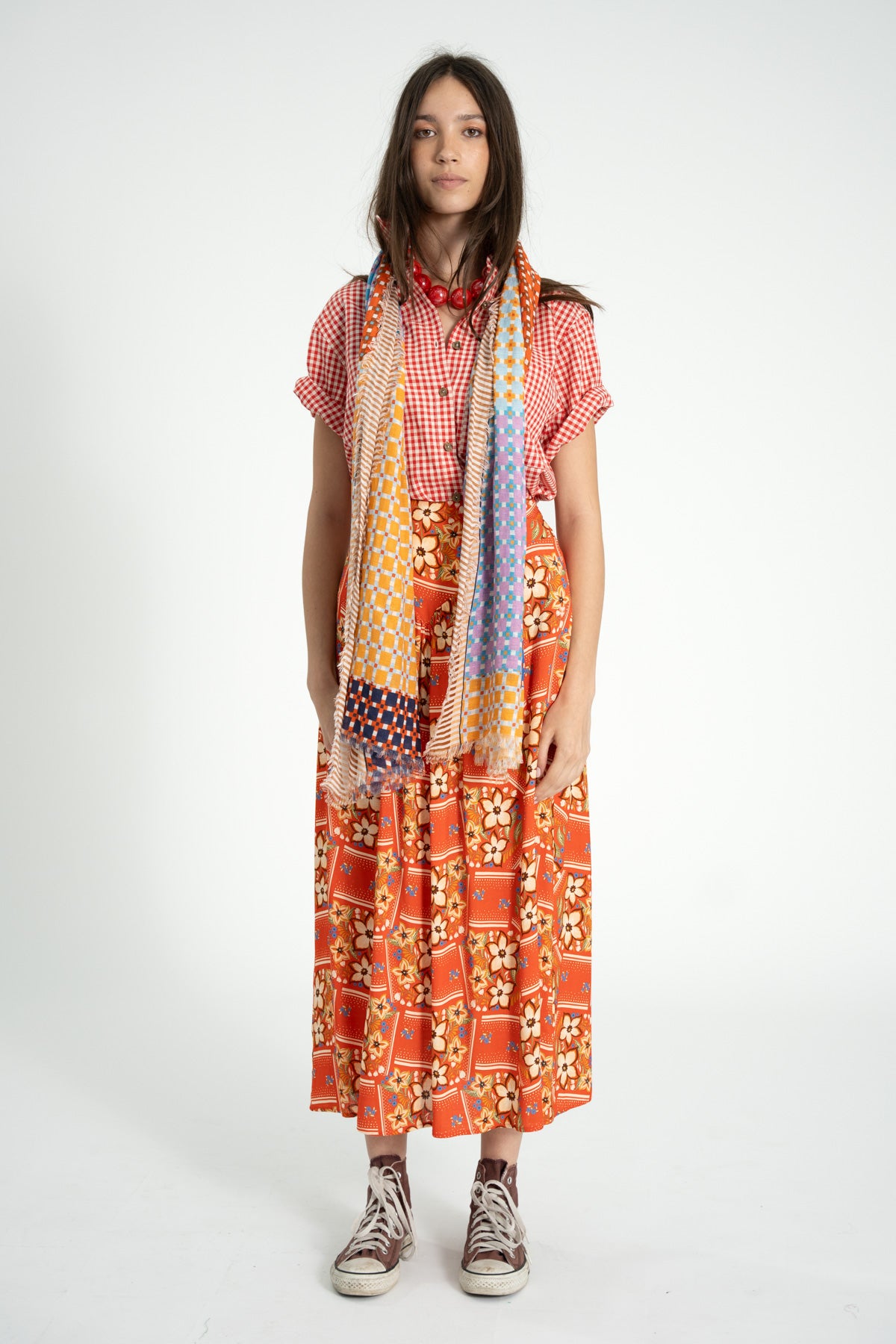 Long skirt | Red w/ floral print