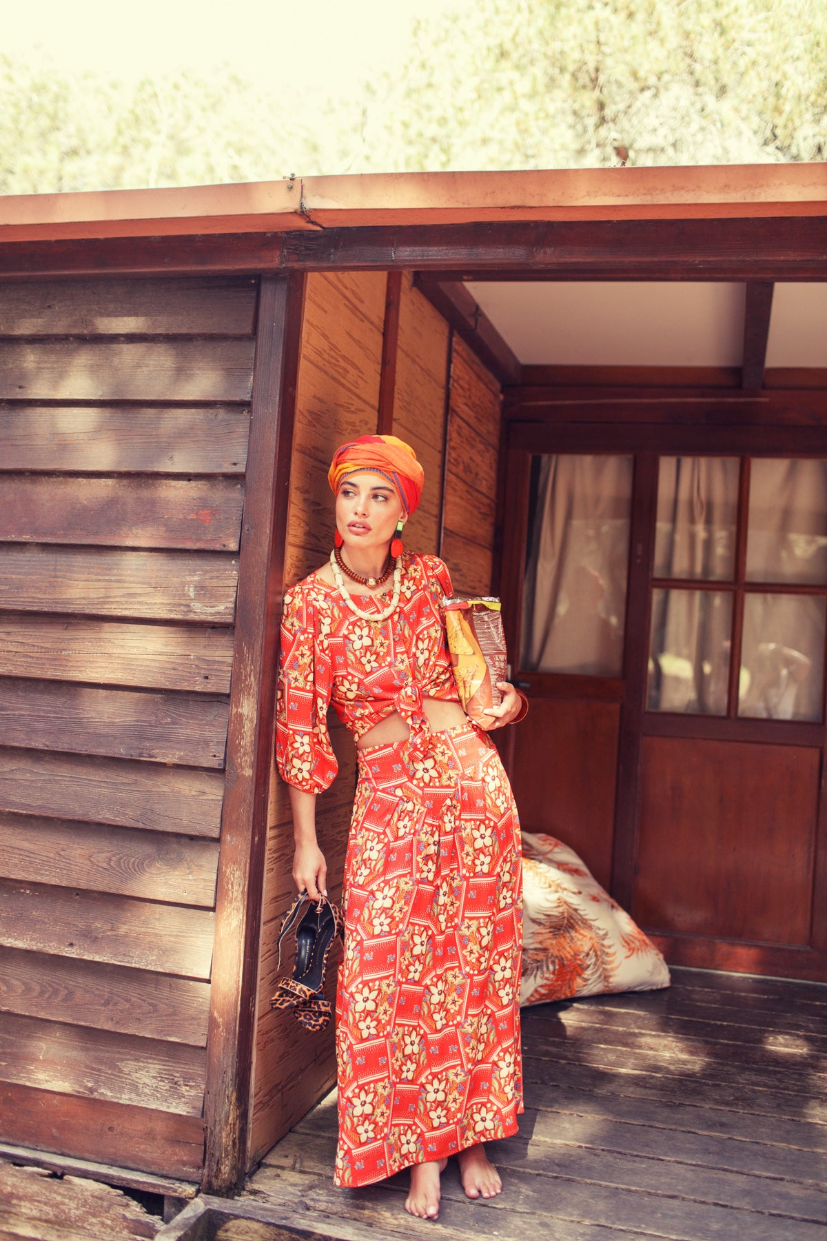 Long skirt | Red w/ floral print