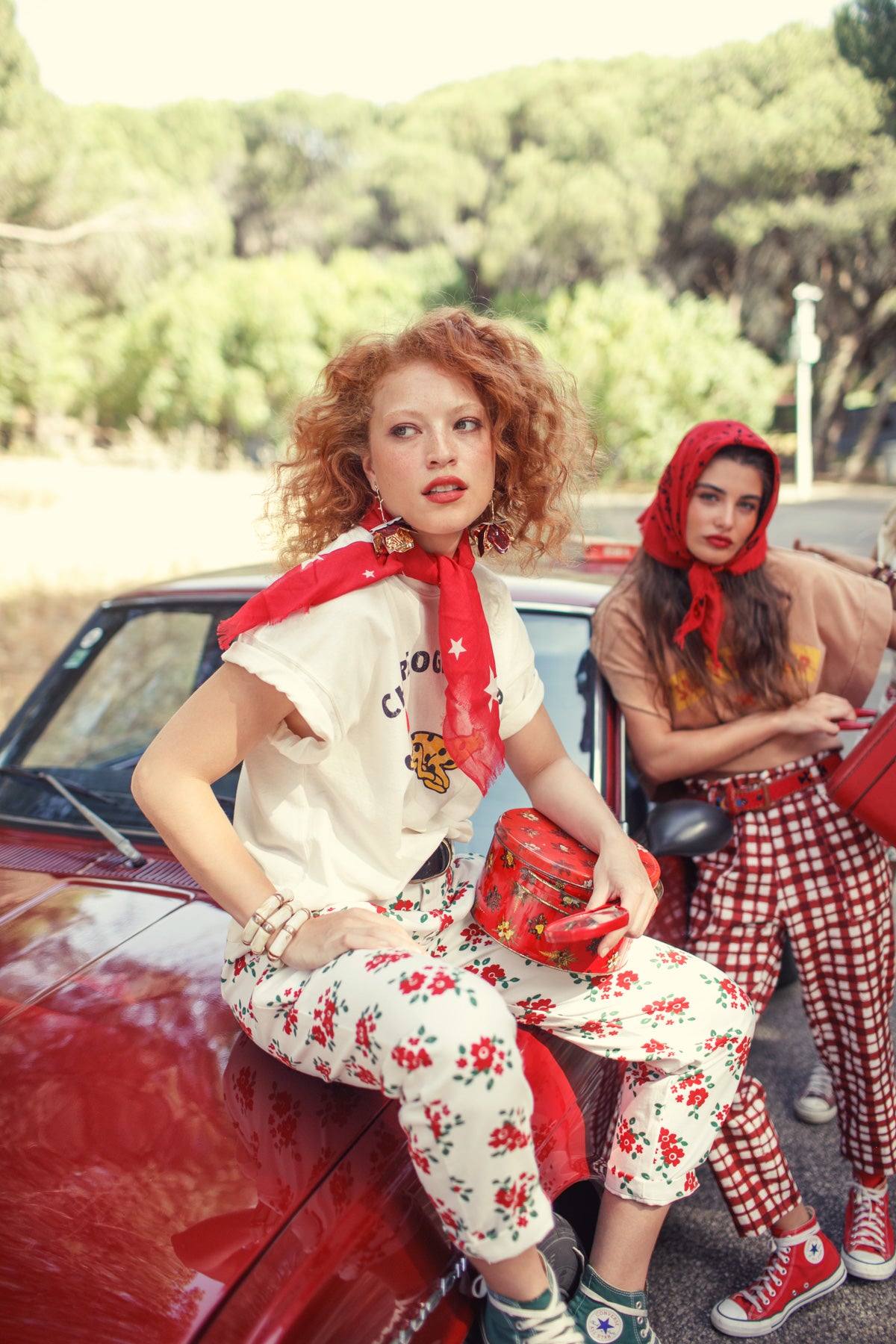 Trousers | Ecru w/ red flowers