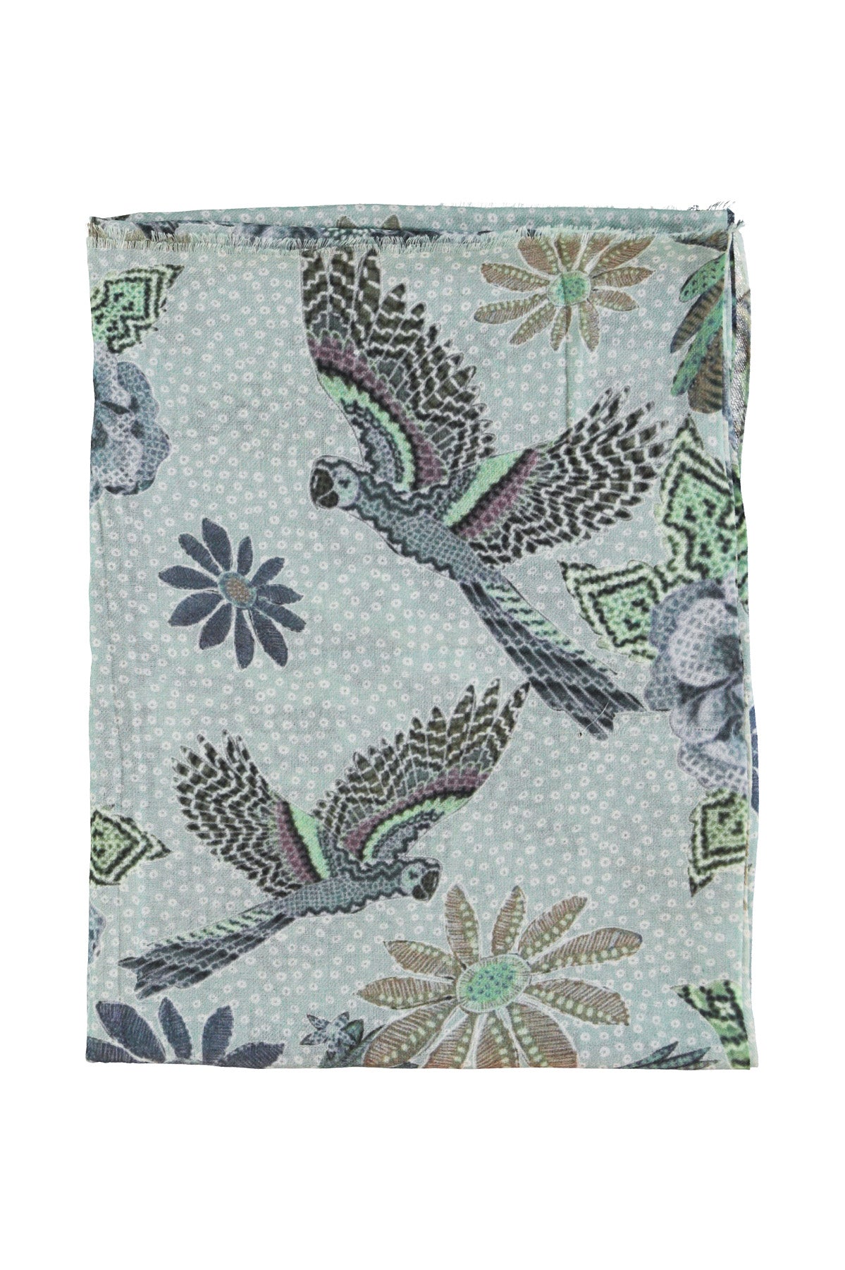 Scarf | Blue w/ flowers & parrots