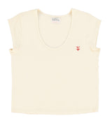 Short sleeve t-shirt w/ deep round neck | Ecru w/ "lobby babe" print
