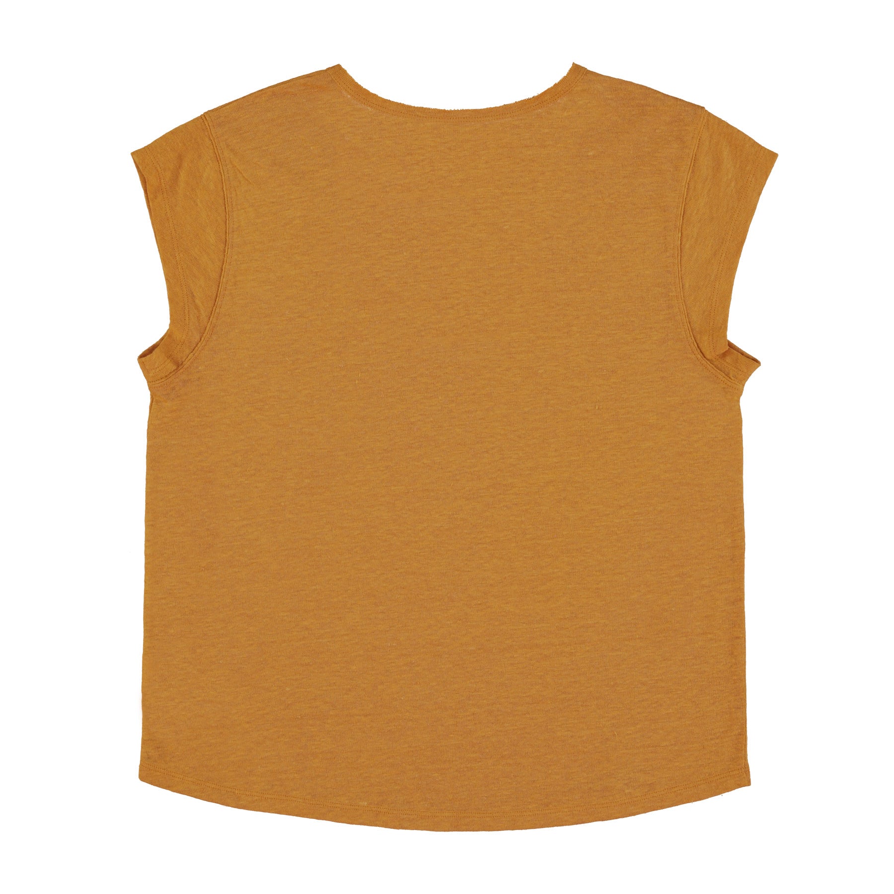 Short sleeve t-shirt w/ deep round neck | Camel linen