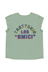 Short sleeve t-shirt w/ deep round neck | Green w/ "Los Amici" print