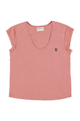 Short sleeve t-shirt w/ deep round neck | Old pink w/ "pizza takeaway" print