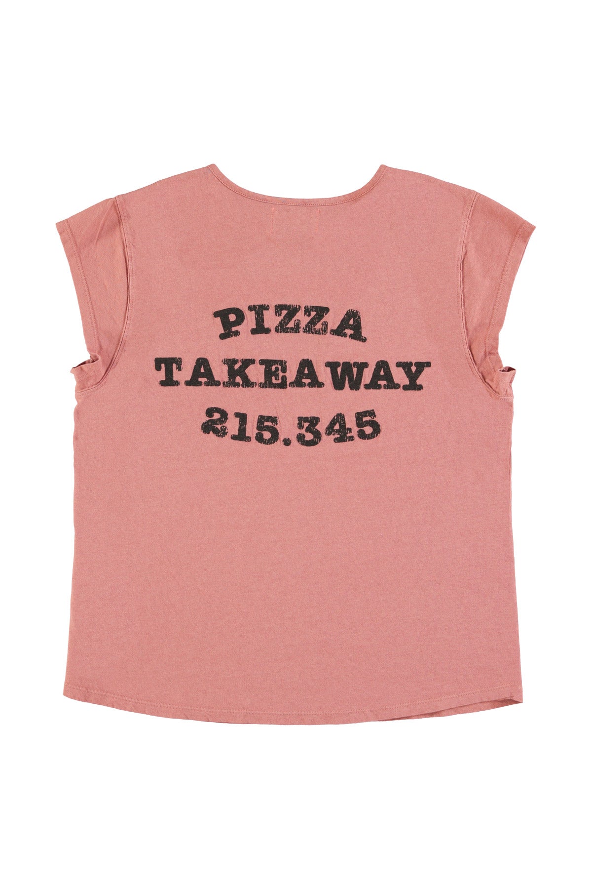 Short sleeve t-shirt w/ deep round neck | Old pink w/ "pizza takeaway" print