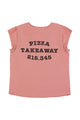 Short sleeve t-shirt w/ deep round neck | Old pink w/ "pizza takeaway" print