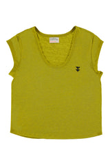 Short sleeve t-shirt w/ deep round neck | Olive Green linen