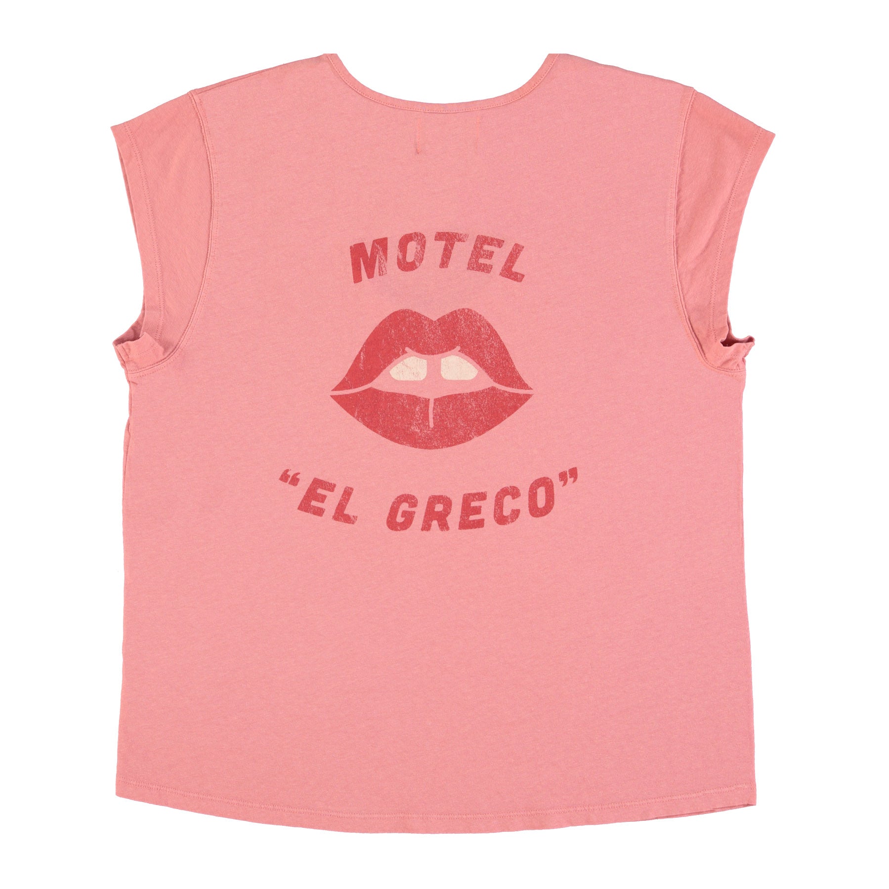 Short sleeve t-shirt w/ deep round neck | Pink w/ "motel el greco" print