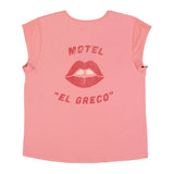 Short sleeve t-shirt w/ deep round neck | Pink w/ "motel el greco" print