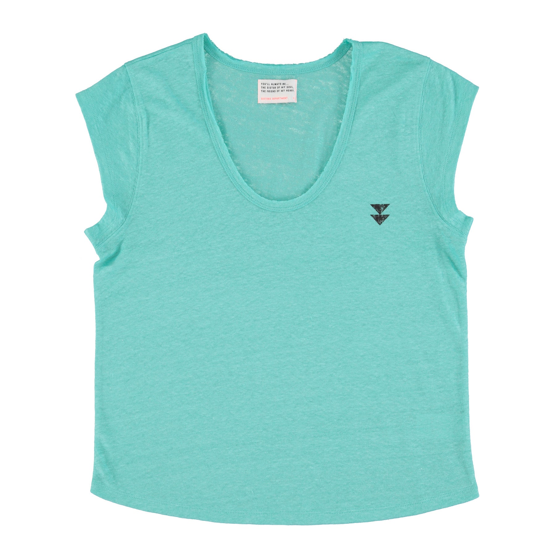 Short sleeve t-shirt w/ deep round neck | Turquoise linen