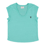 Short sleeve t-shirt w/ deep round neck | Turquoise linen