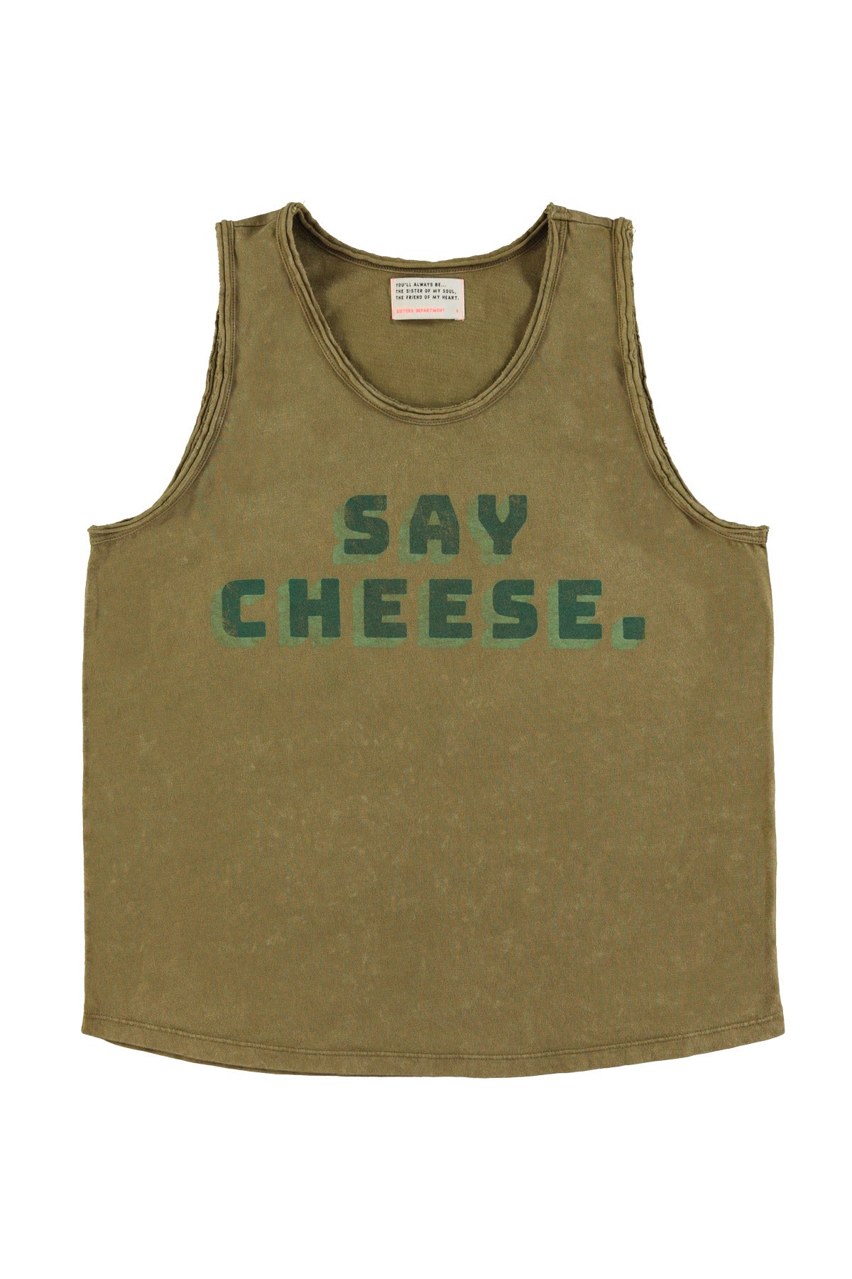 Sleeveless round neck top | Khaki w/ "say cheese" print