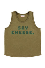 Sleeveless round neck top | Khaki w/ "say cheese" print