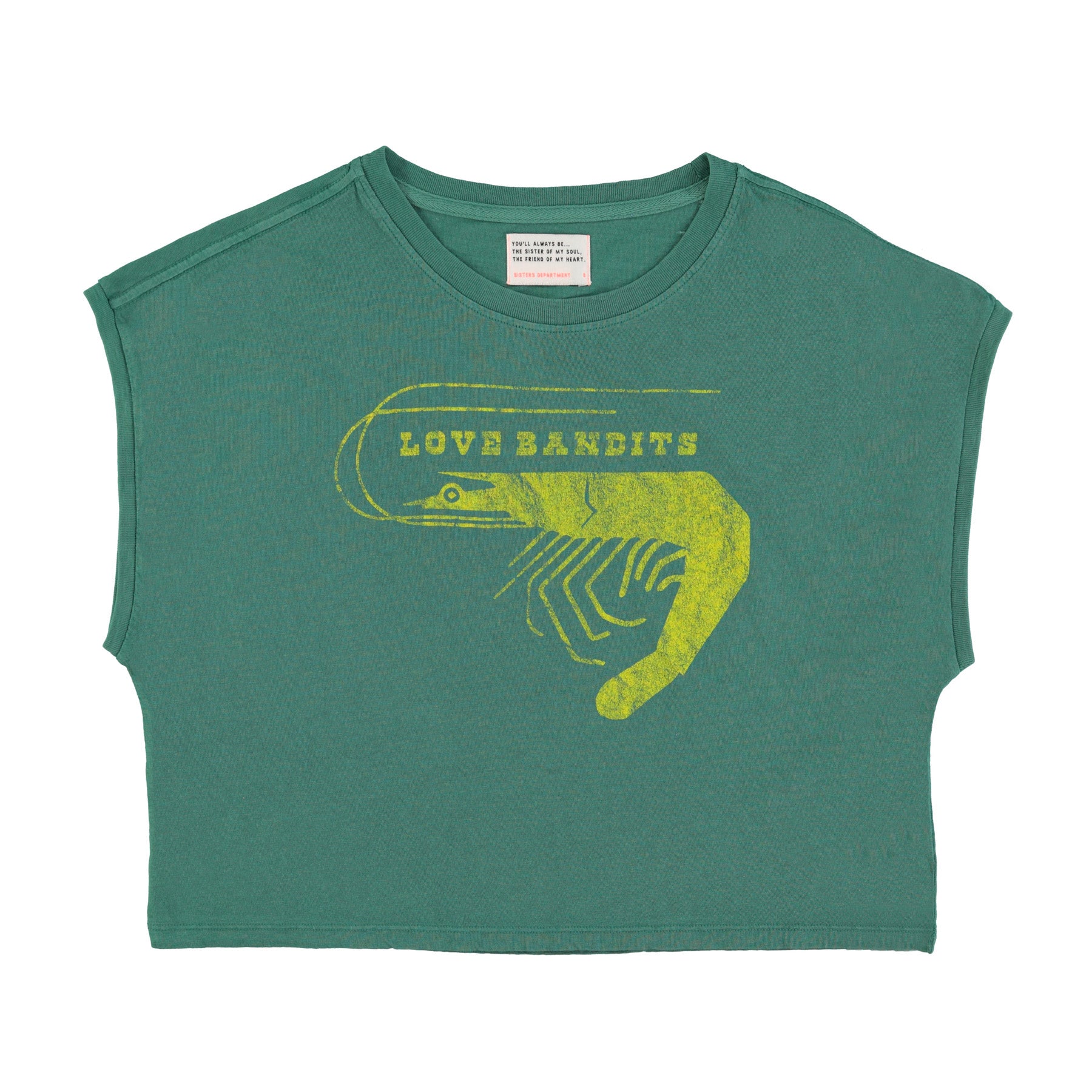 Sleeveless t-shirt/top w/ round neck | Green w/ "love bandit" print
