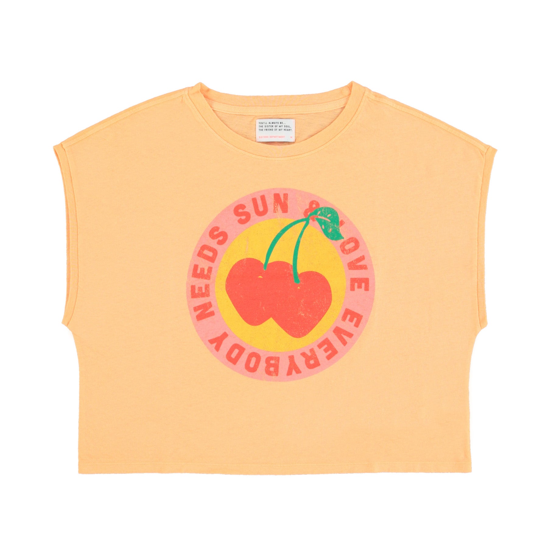 Sleeveless t-shirt/top w/ round neck | peach w/ cherries print