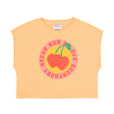 Sleeveless t-shirt/top w/ round neck | peach w/ cherries print