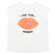 Sleeveless t-shirt w/ deep round neck . Ecru w/ "fan club member" print