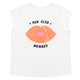 Sleeveless t-shirt w/ deep round neck . Ecru w/ "fan club member" print