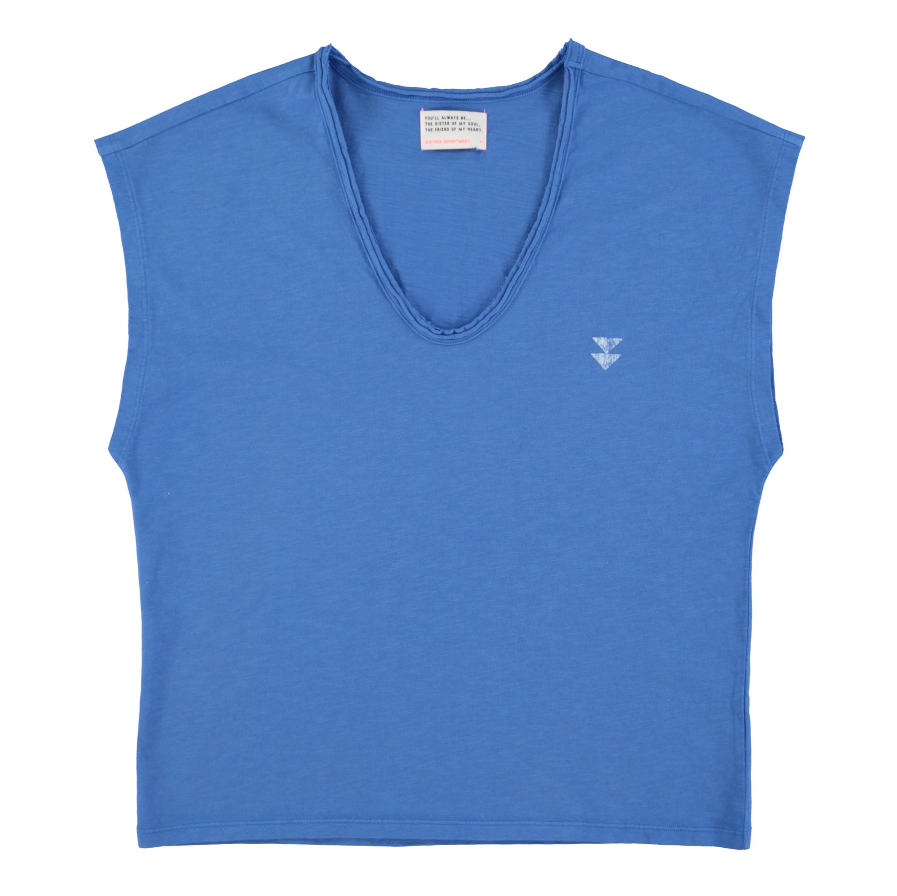 Sleeveless t-shirt w/ deep round neck | Blue w/ "mafia" print