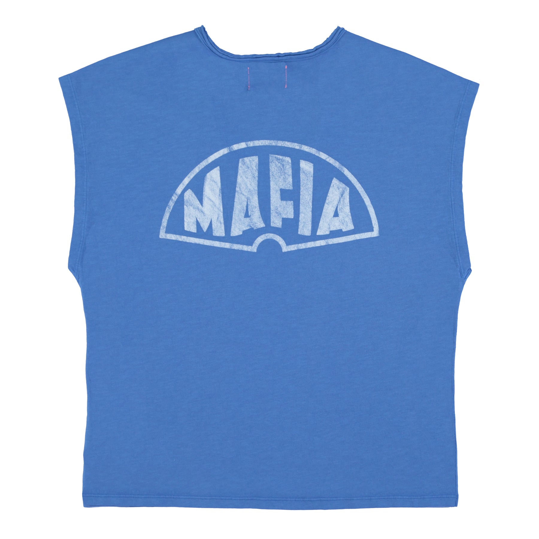 Sleeveless t-shirt w/ deep round neck | Blue w/ "mafia" print