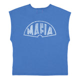 Sleeveless t-shirt w/ deep round neck | Blue w/ "mafia" print